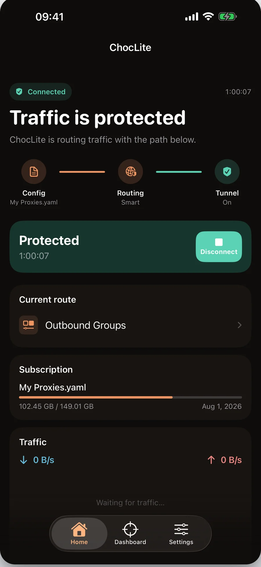 ChocLite home screen with an active connection