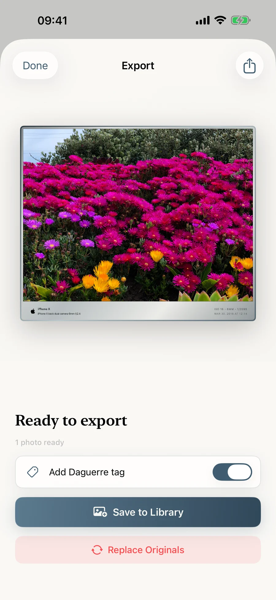 Daguerre export sheet preserving original format and EXIF